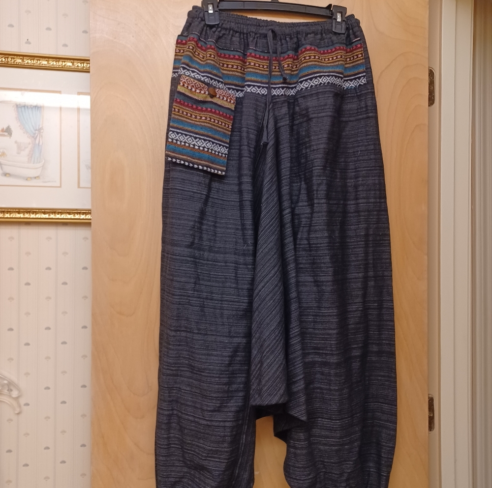 Grey embroidered Harem Indian Boho festival drawstring Unisex pocket pants Sz L
